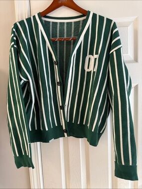 SUMWON Striped Green and White Cardigan Sweater with '07' Patch